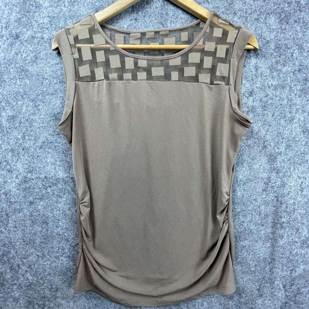 New York And Company Top Womens M Brown Sheer Stretch Ruched Career Chic Neutral